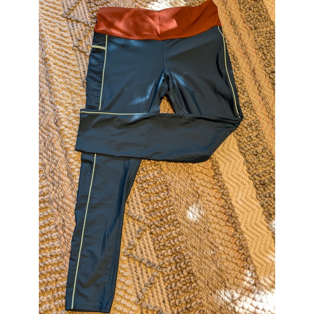 Prana Women Teal Burnt Orange Colorblock Mesh Pocket Athletic Leggings Large